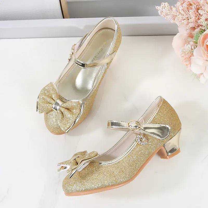 Girl Leather Shoes Mary Jane Sequins Bowtie Kids Princess Causal Dress Shoes for Party Wedding Fashion Sweet Children High Heels