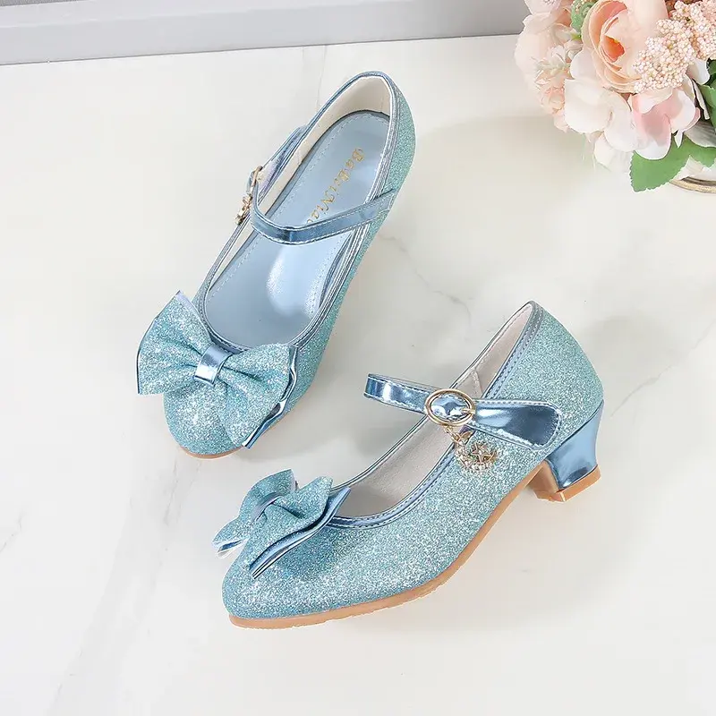Girl Leather Shoes Mary Jane Sequins Bowtie Kids Princess Causal Dress Shoes for Party Wedding Fashion Sweet Children High Heels