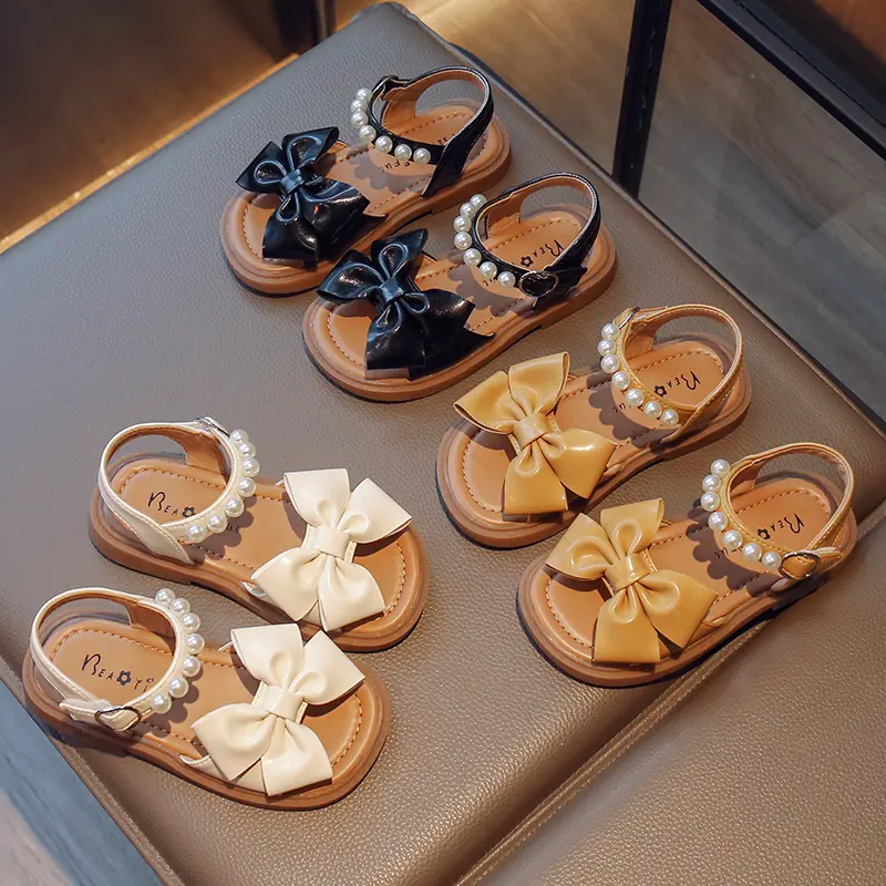 Girls Sandals Children Fashion Flat PU Bow Pearls 2025 Versatile Casual Shoes Breathable Soft Sweet Princess Kids Shoes Korean