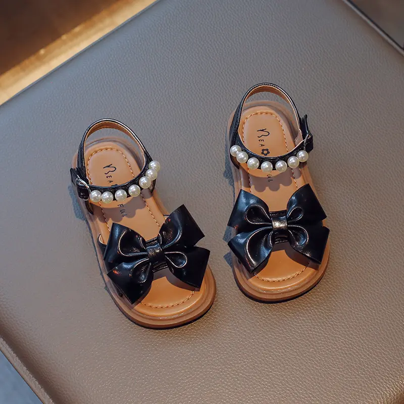 Girls Sandals Children Fashion Flat PU Bow Pearls 2025 Versatile Casual Shoes Breathable Soft Sweet Princess Kids Shoes Korean