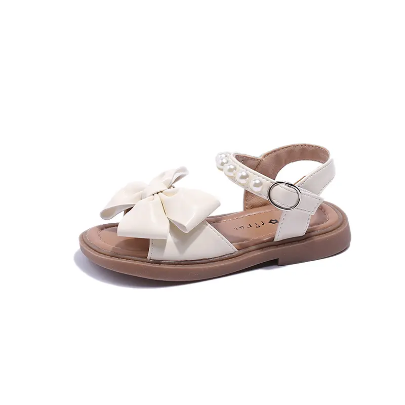 Girls Sandals Children Fashion Flat PU Bow Pearls 2025 Versatile Casual Shoes Breathable Soft Sweet Princess Kids Shoes Korean