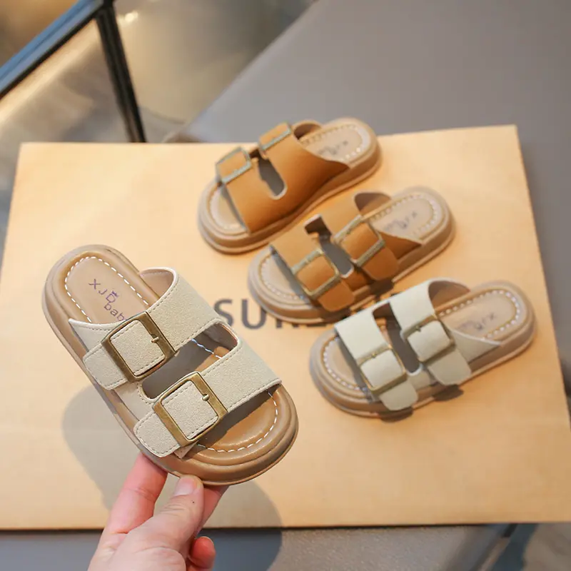 Children Retro Slippers Fashion Boys Girls Causal Shoes Open-toe Buckle Cool Kids Summer Beach Slippers Solid Color Simple New