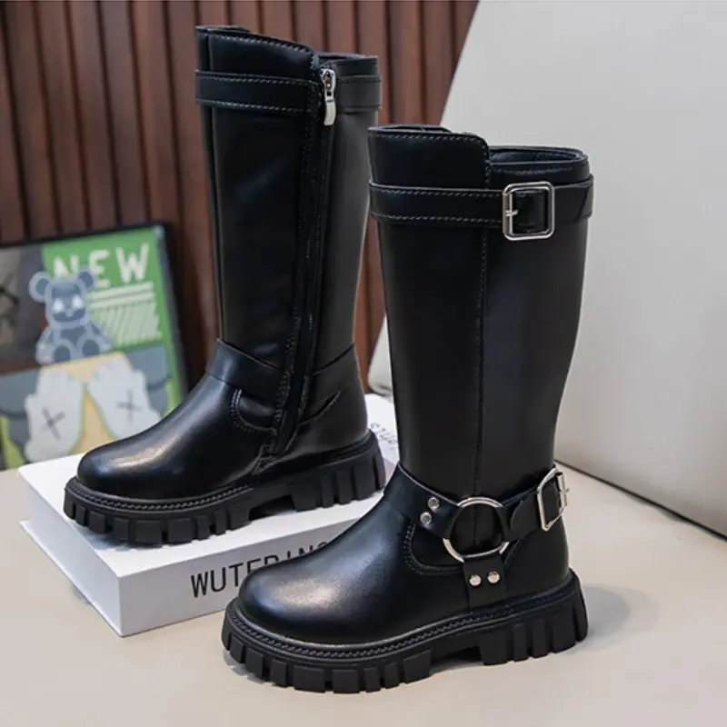 New Winter Children's Boots Warm Plush Girls High Long Boots Black Fashion Kids Causal Cotton Boots Round-toe Versatile Non-slip