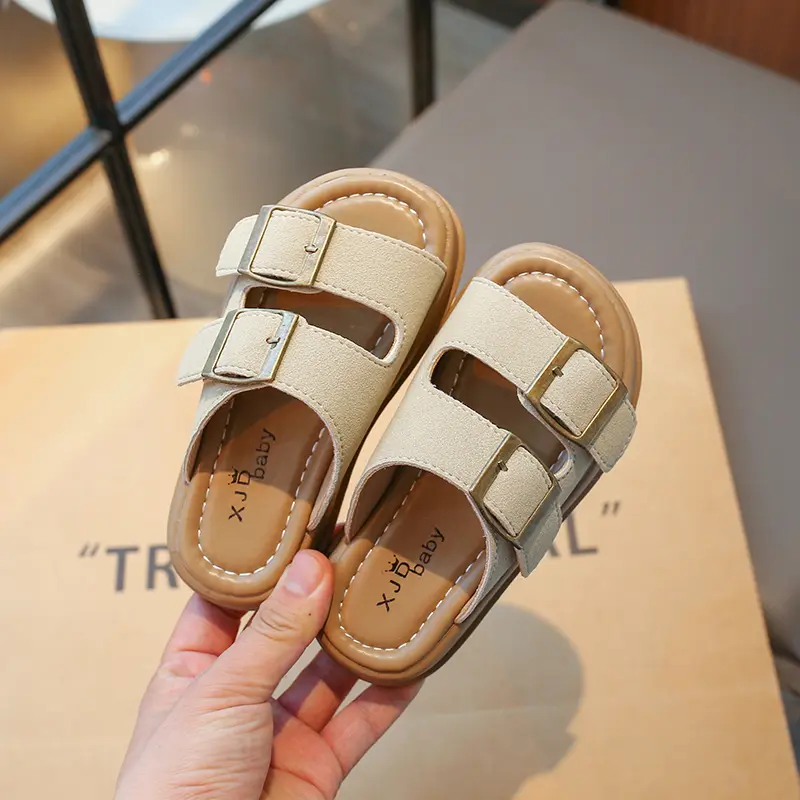 Children Retro Slippers Fashion Boys Girls Causal Shoes Open-toe Buckle Cool Kids Summer Beach Slippers Solid Color Simple New