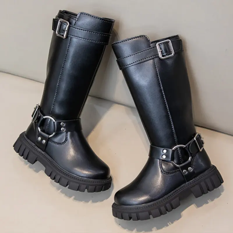 New Winter Children's Boots Warm Plush Girls High Long Boots Black Fashion Kids Causal Cotton Boots Round-toe Versatile Non-slip