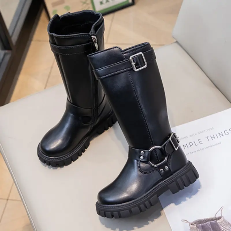 New Winter Children's Boots Warm Plush Girls High Long Boots Black Fashion Kids Causal Cotton Boots Round-toe Versatile Non-slip