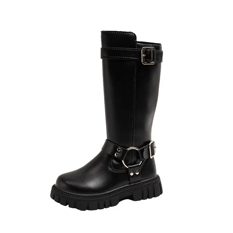 New Winter Children's Boots Warm Plush Girls High Long Boots Black Fashion Kids Causal Cotton Boots Round-toe Versatile Non-slip
