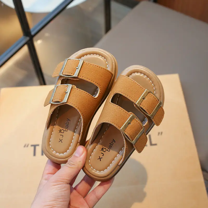 Children Retro Slippers Fashion Boys Girls Causal Shoes Open-toe Buckle Cool Kids Summer Beach Slippers Solid Color Simple New