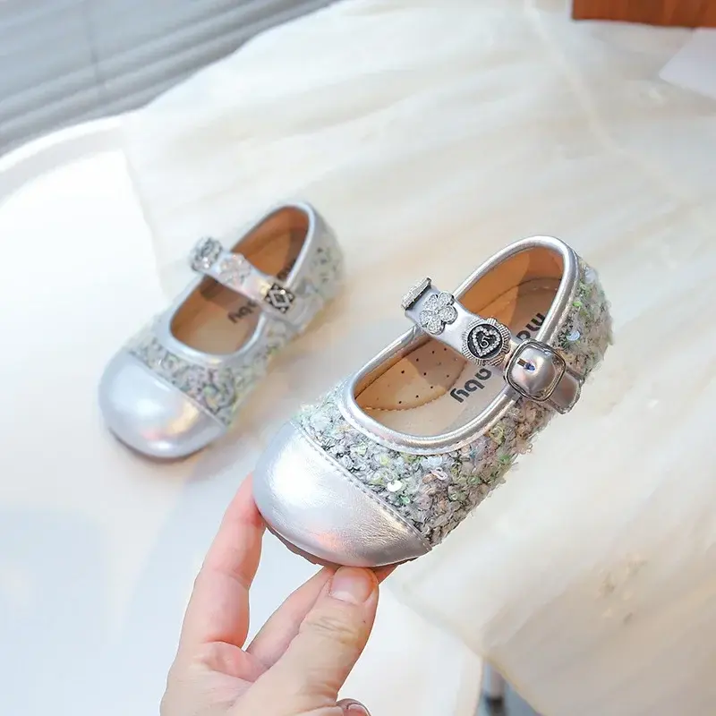 Girls Dance Shoes Round Toes Sweet 2025 New Kids Mary Janes Ins Trendy Pu Leather Soft Sole Girls Princess Shoes Shiny Sequins