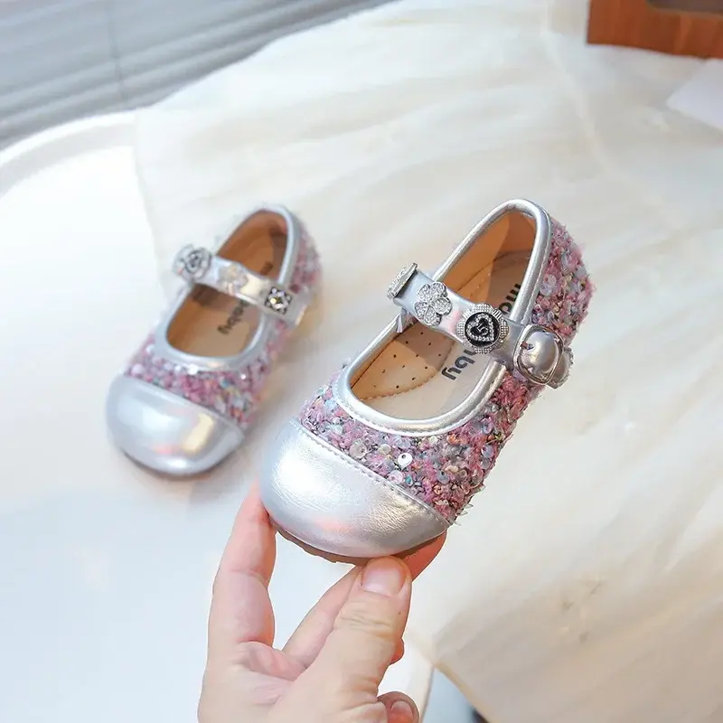 Girls Dance Shoes Round Toes Sweet 2025 New Kids Mary Janes Ins Trendy Pu Leather Soft Sole Girls Princess Shoes Shiny Sequins