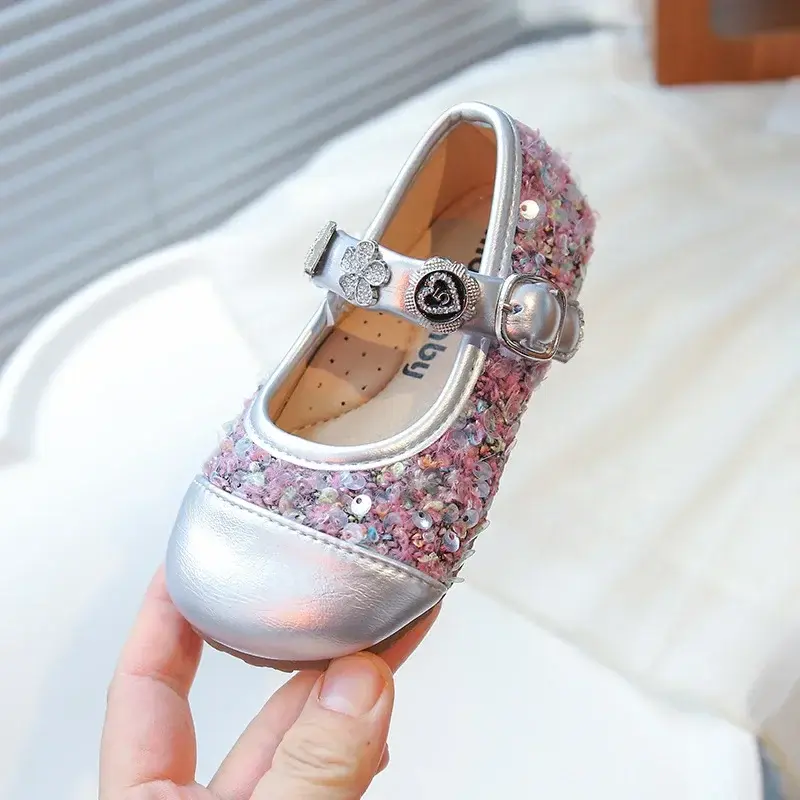 Girls Dance Shoes Round Toes Sweet 2025 New Kids Mary Janes Ins Trendy Pu Leather Soft Sole Girls Princess Shoes Shiny Sequins