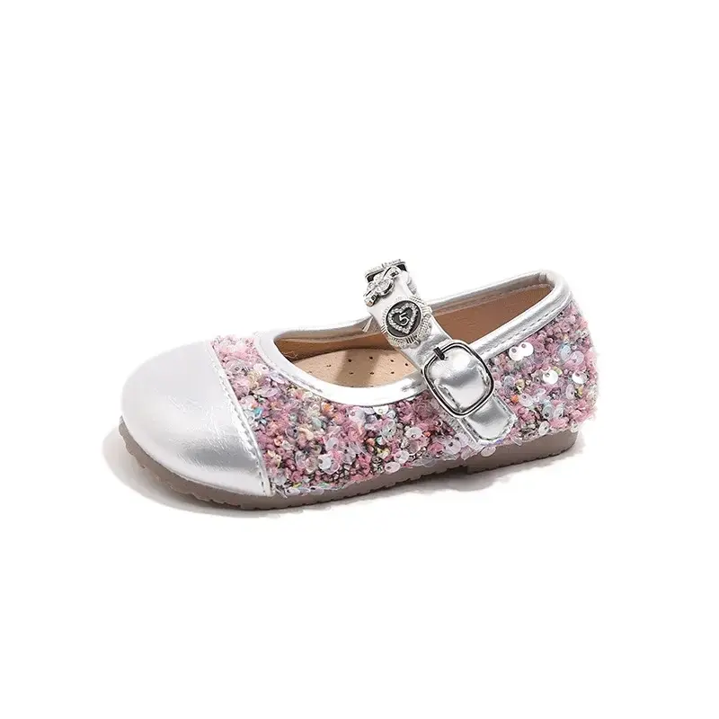 Girls Dance Shoes Round Toes Sweet 2025 New Kids Mary Janes Ins Trendy Pu Leather Soft Sole Girls Princess Shoes Shiny Sequins