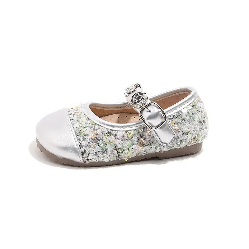 Girls Dance Shoes Round Toes Sweet 2025 New Kids Mary Janes Ins Trendy Pu Leather Soft Sole Girls Princess Shoes Shiny Sequins