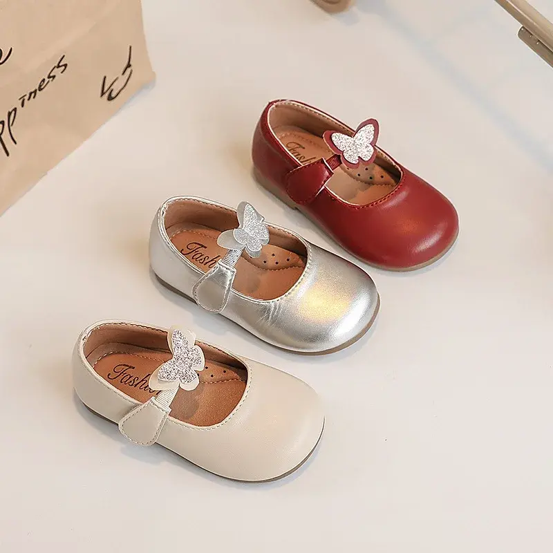 2025 Children Leather Shoes for Girls Spring Autumn New Fashion Korean Style Soft Bottom Princess Chic Butterfly Versatile Shoes