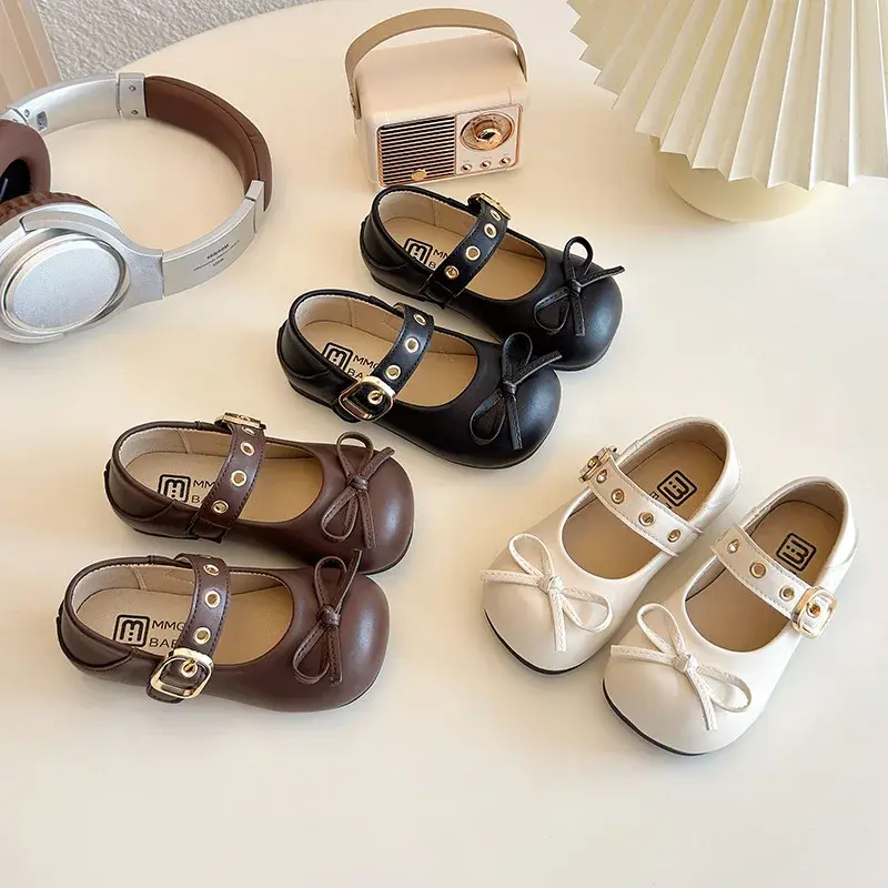 2025 Children Leather Shoes for Girls Spring New Fashion French Style Soft Non-slip Versatile Chic Elegant Bowtie Retro Shoes