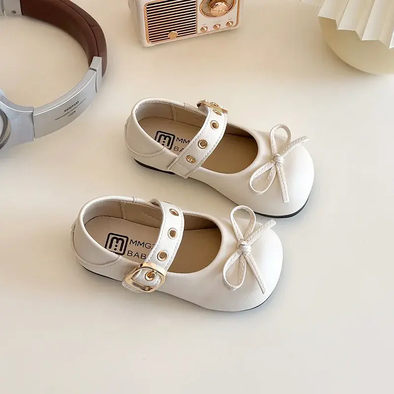 2025 Children Leather Shoes for Girls Spring New Fashion French Style Soft Non-slip Versatile Chic Elegant Bowtie Retro Shoes