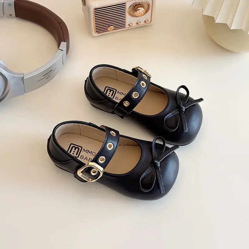 2025 Children Leather Shoes for Girls Spring New Fashion French Style Soft Non-slip Versatile Chic Elegant Bowtie Retro Shoes