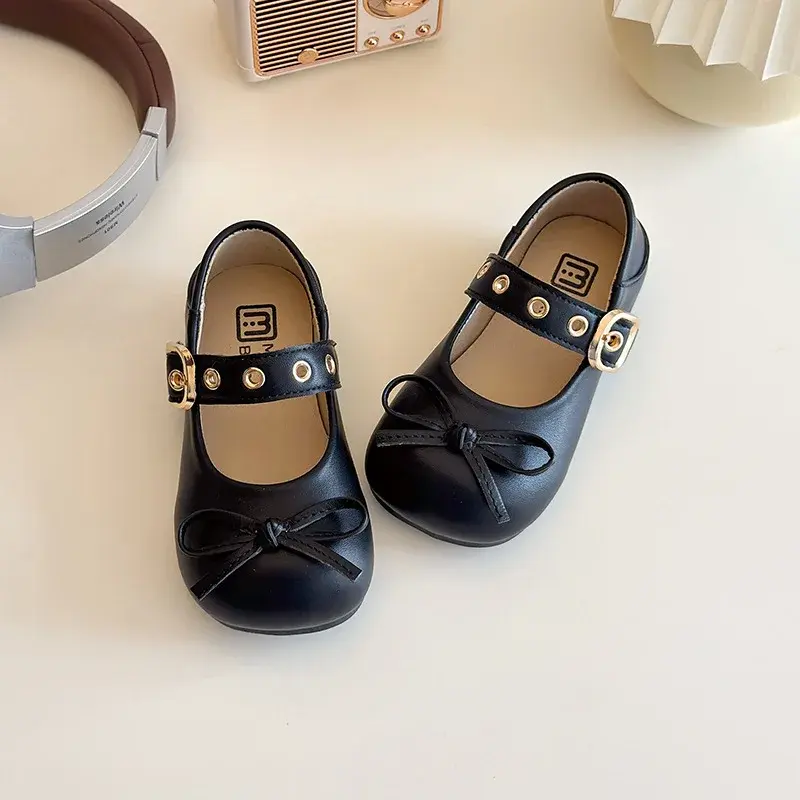 2025 Children Leather Shoes for Girls Spring New Fashion French Style Soft Non-slip Versatile Chic Elegant Bowtie Retro Shoes