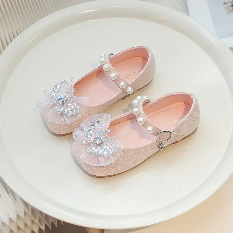 Kids Princess Shoes Lace Bow Sweet 2025 New Fashion Girls Flat Shoes Butterfly Round Toes Children Leather Shoes Ins Trendy