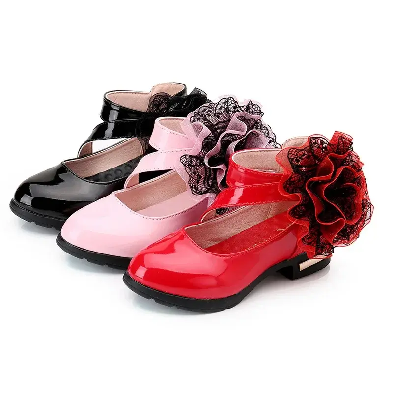 Girls Leather Shoes Big Lace Flowers Soild Color 2025 New Kids Performance Shoes Chic Soft Sole Children Fashion Shoes Glossy