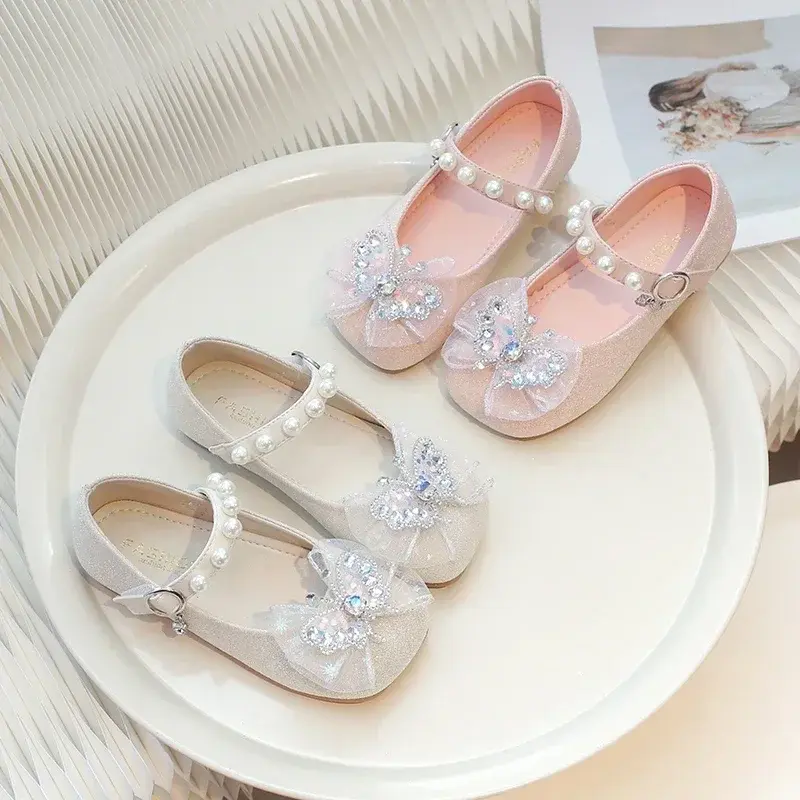 Kids Princess Shoes Lace Bow Sweet 2025 New Fashion Girls Flat Shoes Butterfly Round Toes Children Leather Shoes Ins Trendy