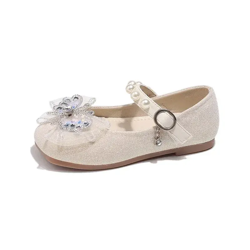 Kids Princess Shoes Lace Bow Sweet 2025 New Fashion Girls Flat Shoes Butterfly Round Toes Children Leather Shoes Ins Trendy