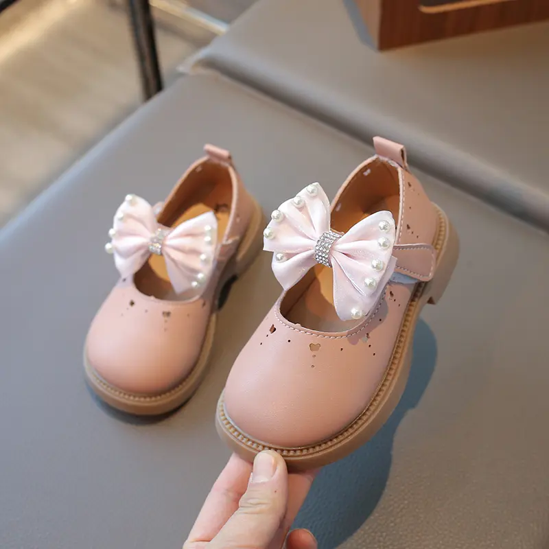 Little Girls Party Leather Shoes for Wedding Princess Sweet Kids Mary Janes Flats Cut-outs with Bow-knot Rhinestone Dress Shoes