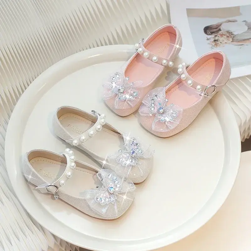 Kids Princess Shoes Lace Bow Sweet 2025 New Fashion Girls Flat Shoes Butterfly Round Toes Children Leather Shoes Ins Trendy