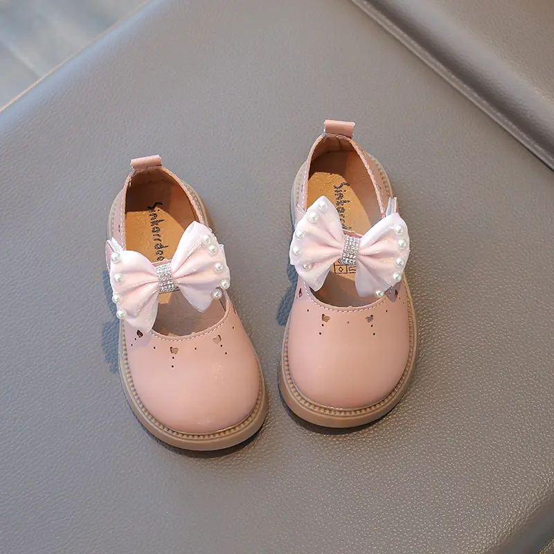 Little Girls Party Leather Shoes for Wedding Princess Sweet Kids Mary Janes Flats Cut-outs with Bow-knot Rhinestone Dress Shoes