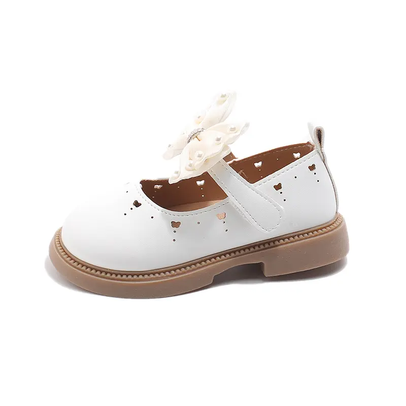 Little Girls Party Leather Shoes for Wedding Princess Sweet Kids Mary Janes Flats Cut-outs with Bow-knot Rhinestone Dress Shoes