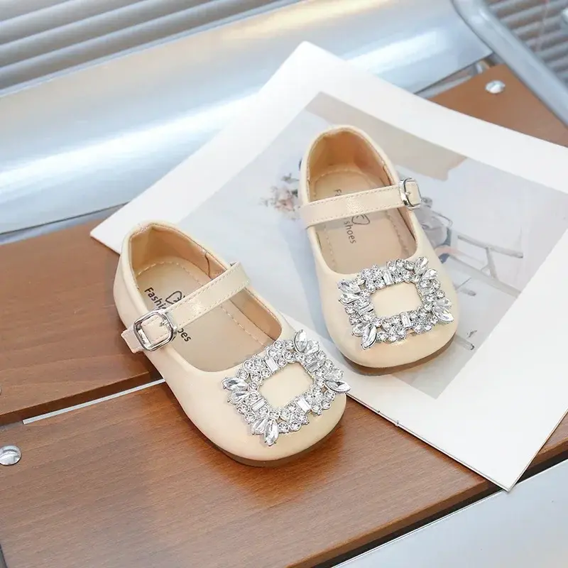 Toddler Girls Dance Shoes Princess Shiny Crystal 2025 New Kids Leather Shoes Pu Soft Sole Non-slip Children Flat Shoes Wedding