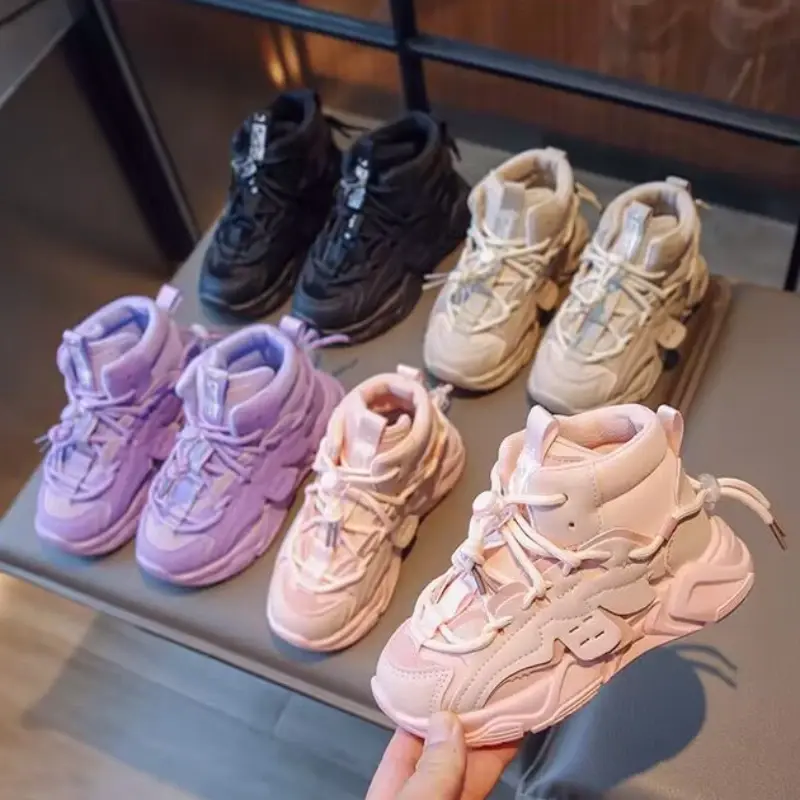 Girls High-top Sneakers Lace-up Simple Children Fashion Casual Shoes Drop Shipping Boys Sport Shoes Versatile Soft Kids Shoes