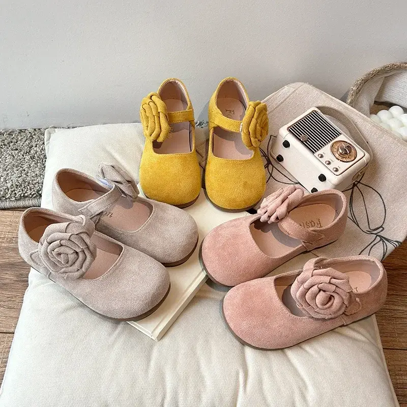Girls Leather Shoes with Big Flowers 2025 Spring Autumn Kids Flat Shoes Round Toes Girls Mary Janes Dance Shoes Candy Color