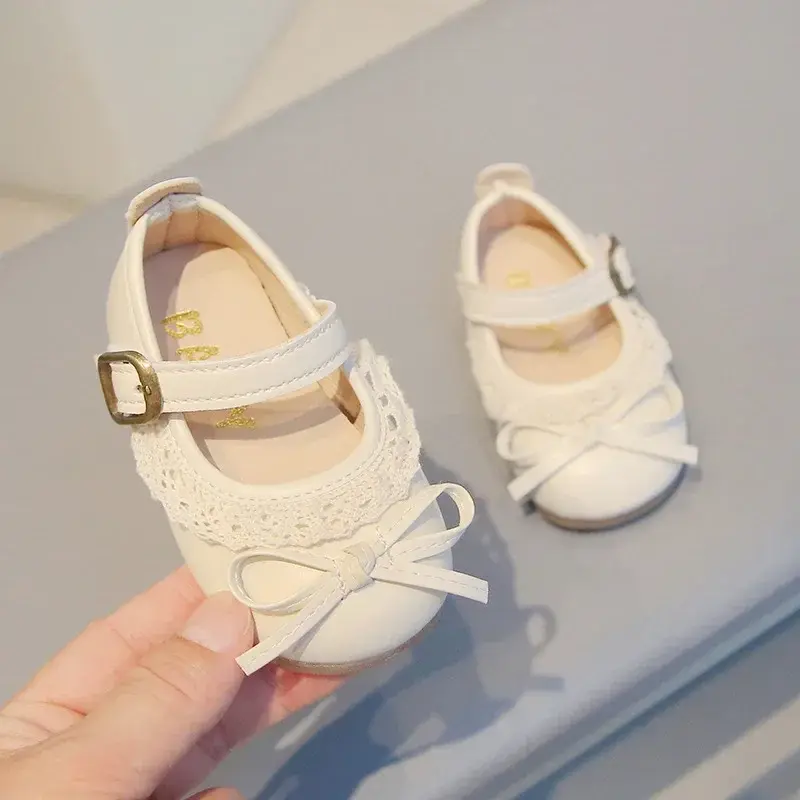 Girls Walking Shoes Sweet Lace Simple Bows 2025 New Baby Princess Shoes Round Toes Kids Leather Shoes Non-slip Soft Sole Flats
