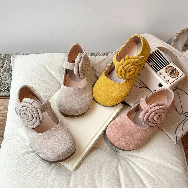 Girls Leather Shoes with Big Flowers 2025 Spring Autumn Kids Flat Shoes Round Toes Girls Mary Janes Dance Shoes Candy Color