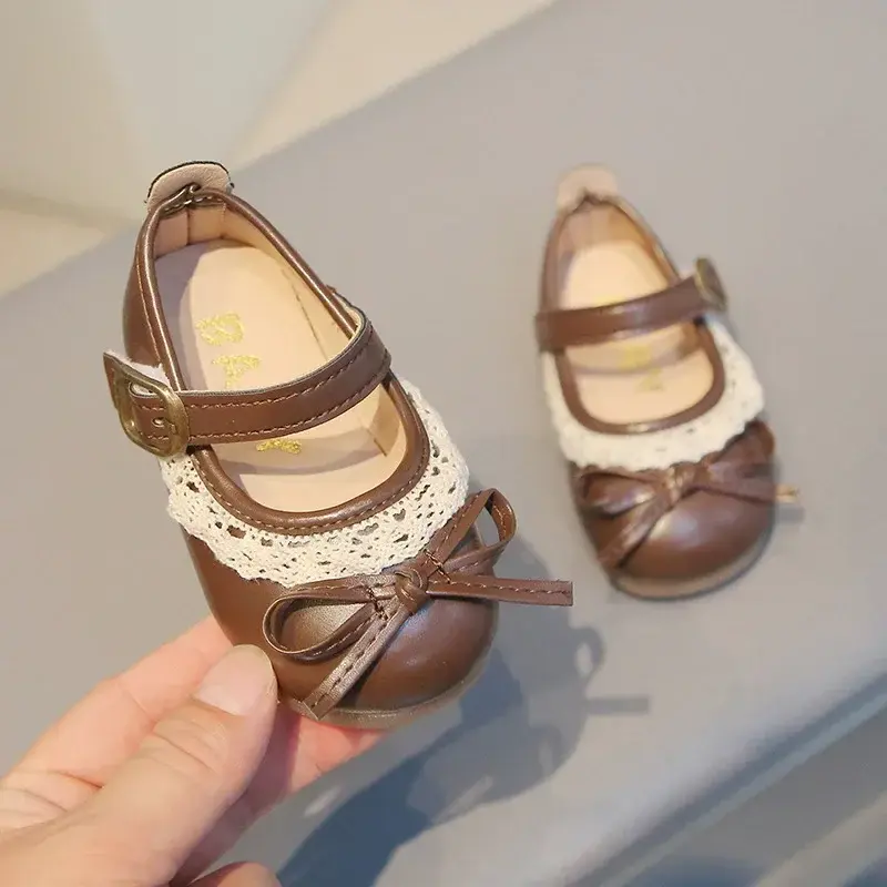 Girls Walking Shoes Sweet Lace Simple Bows 2025 New Baby Princess Shoes Round Toes Kids Leather Shoes Non-slip Soft Sole Flats