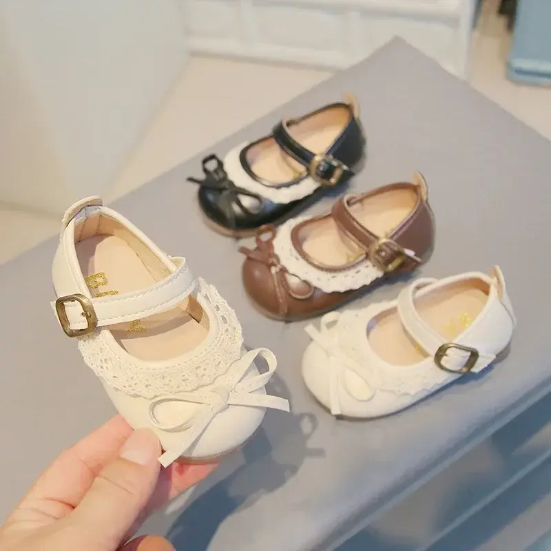 Girls Walking Shoes Sweet Lace Simple Bows 2025 New Baby Princess Shoes Round Toes Kids Leather Shoes Non-slip Soft Sole Flats