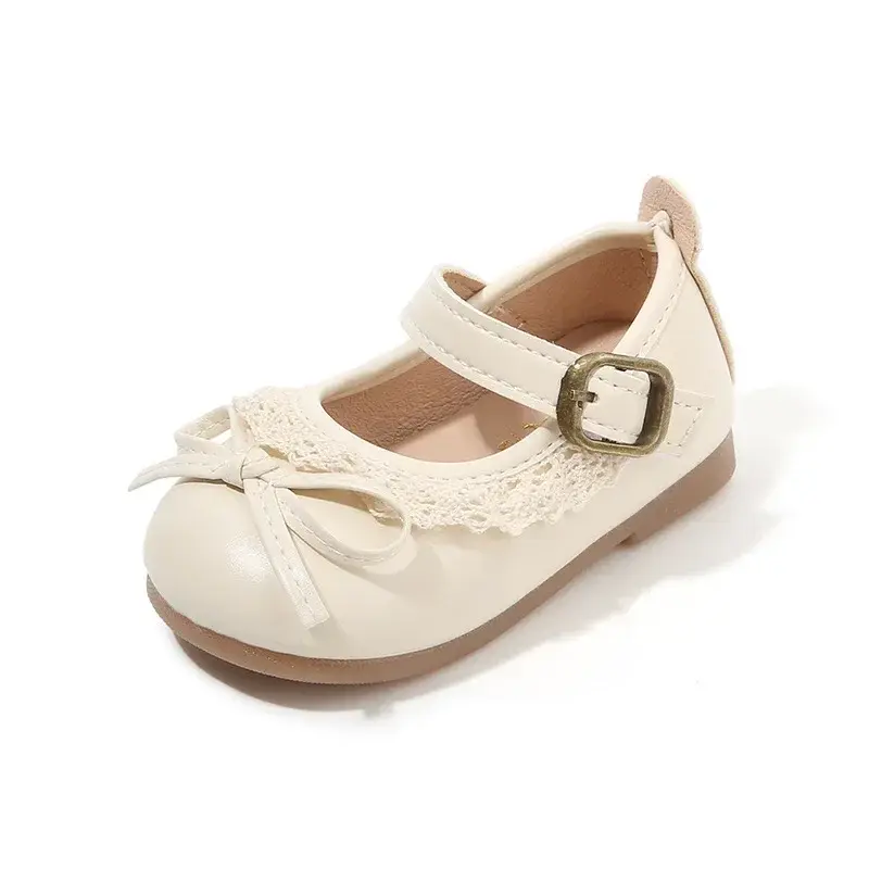 Girls Walking Shoes Sweet Lace Simple Bows 2025 New Baby Princess Shoes Round Toes Kids Leather Shoes Non-slip Soft Sole Flats