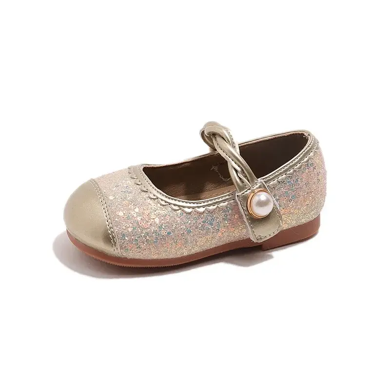 Girls Princess Shoes Soft Sole Non-slip 2025 New Kids Flat Shoes Shiny Sequins Ins Trendy Girls Leather Shoes Round Toes Sweet