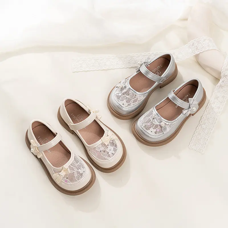 2025 New Girls Princess Leather Shoes Mesh Bowknot Children Fashion Mary Jane Shoes Elegant Sweet Kids Causal Dress Flat Shoes