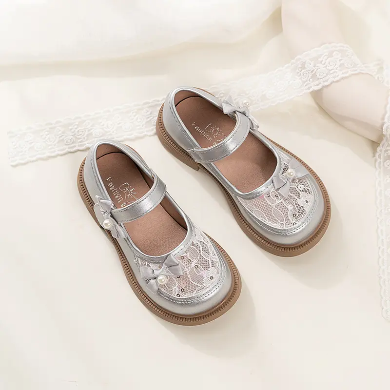 2025 New Girls Princess Leather Shoes Mesh Bowknot Children Fashion Mary Jane Shoes Elegant Sweet Kids Causal Dress Flat Shoes