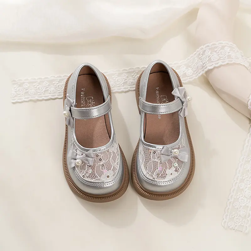 2025 New Girls Princess Leather Shoes Mesh Bowknot Children Fashion Mary Jane Shoes Elegant Sweet Kids Causal Dress Flat Shoes