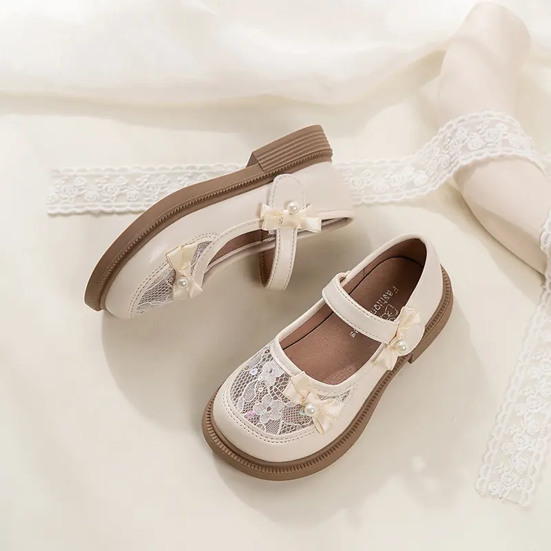 2025 New Girls Princess Leather Shoes Mesh Bowknot Children Fashion Mary Jane Shoes Elegant Sweet Kids Causal Dress Flat Shoes