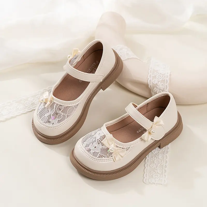 2025 New Girls Princess Leather Shoes Mesh Bowknot Children Fashion Mary Jane Shoes Elegant Sweet Kids Causal Dress Flat Shoes