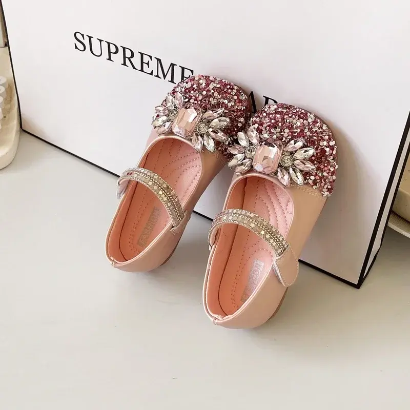 Girls Dance Shoes Shiny Sequins Crystal 2025 Spring Autumn Kids Princess Shoes Wedding Performance Girls Leather Shoes Non-slip