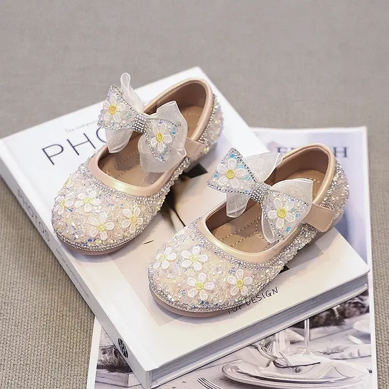 Girls Leather Shoes Round Toes Mesh Lace Bow 2025 New Kids Flat Shoes Round Toes Ins Trendy Girls Princess Shoes Sweet Flowers