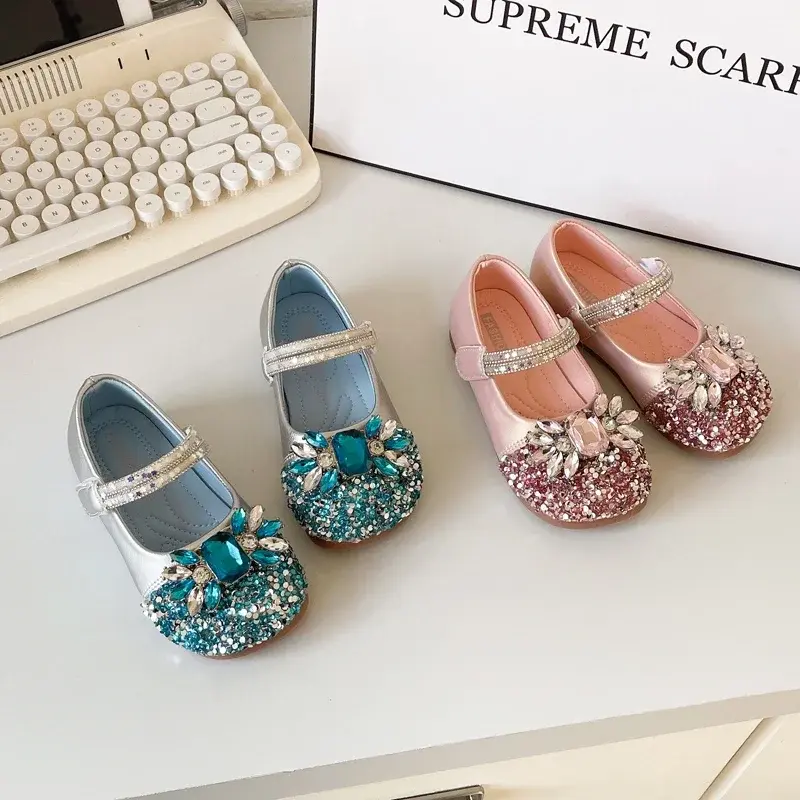 Girls Dance Shoes Shiny Sequins Crystal 2025 Spring Autumn Kids Princess Shoes Wedding Performance Girls Leather Shoes Non-slip