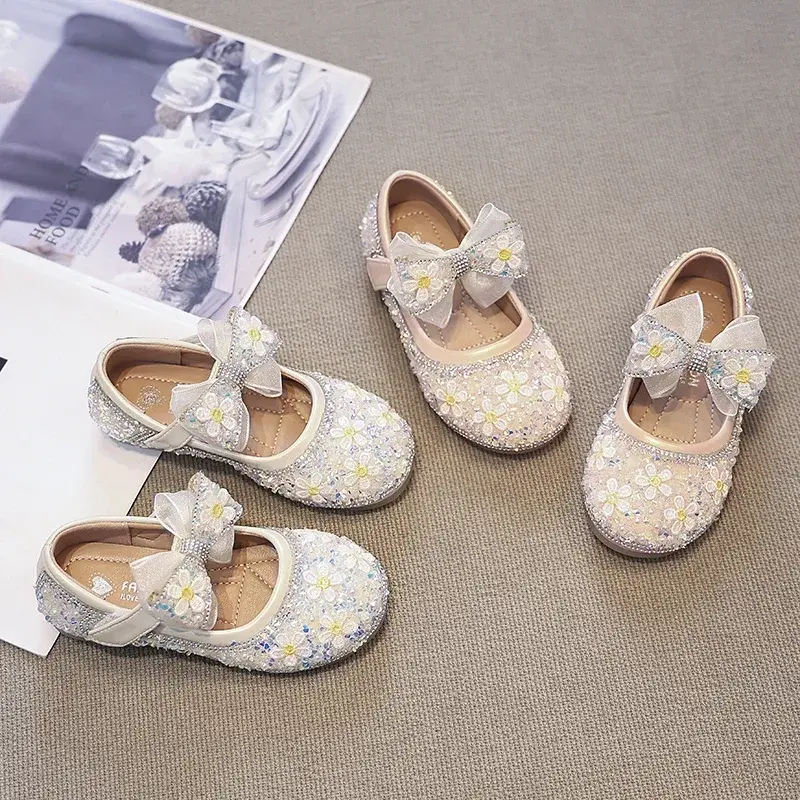 Girls Leather Shoes Round Toes Mesh Lace Bow 2025 New Kids Flat Shoes Round Toes Ins Trendy Girls Princess Shoes Sweet Flowers