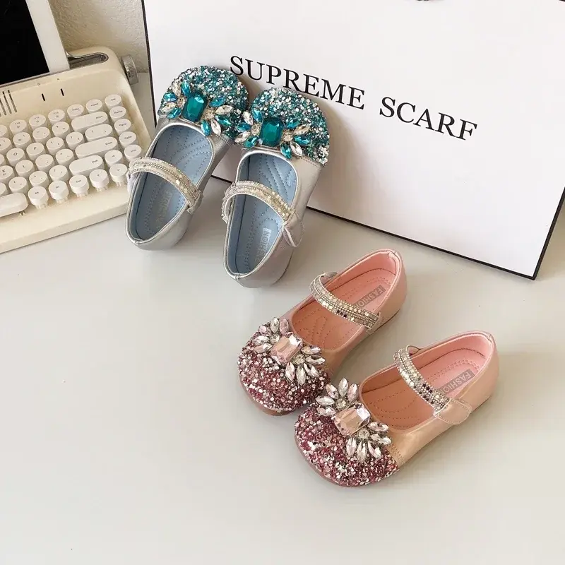 Girls Dance Shoes Shiny Sequins Crystal 2025 Spring Autumn Kids Princess Shoes Wedding Performance Girls Leather Shoes Non-slip