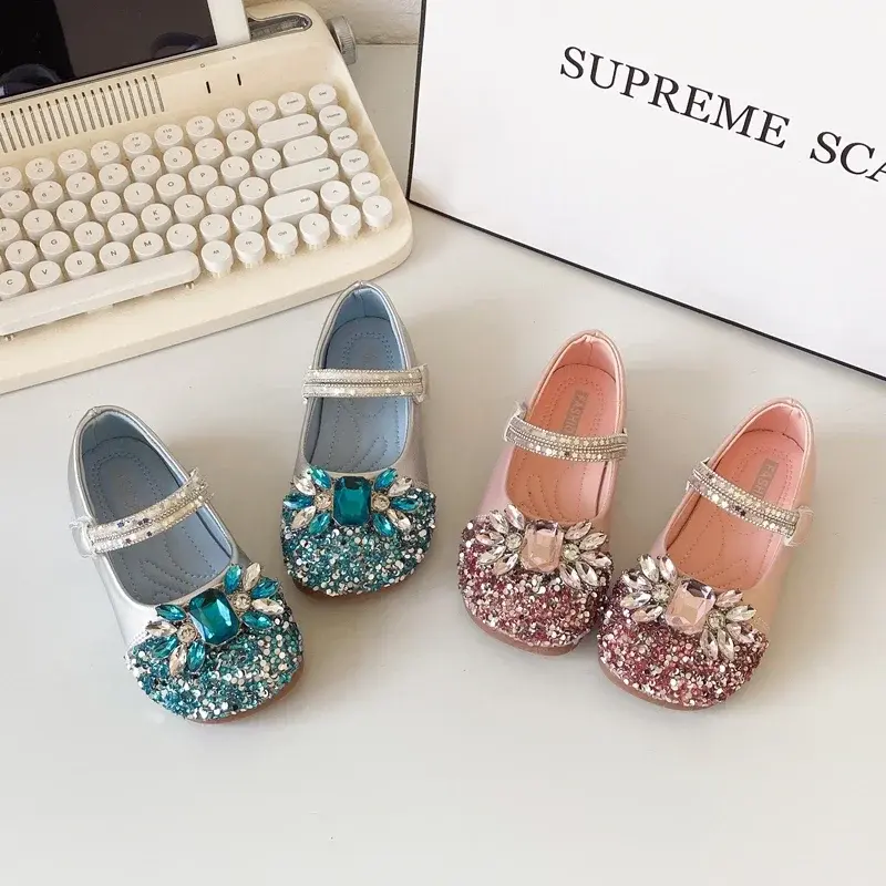 Girls Dance Shoes Shiny Sequins Crystal 2025 Spring Autumn Kids Princess Shoes Wedding Performance Girls Leather Shoes Non-slip